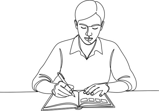 Young man writing in notebook, focused on task, creative process illustration