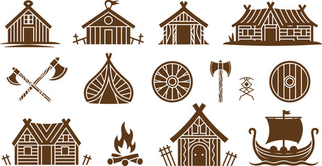 Viking village icons collection with traditional houses, axes, shields, ship, and campfire in rustic brown vector style © SreeJoyantyMs