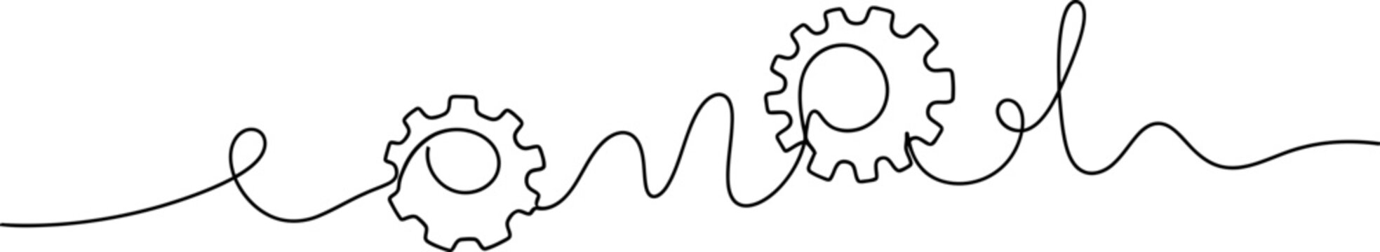 Continuous line drawing of gears forming the word 'end', symbolizing completion or conclusion.