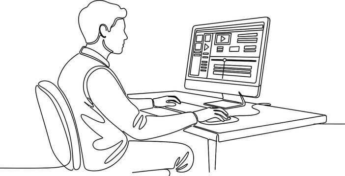 Man Working on Computer, Digital Content Creation, Editing Software Interface
