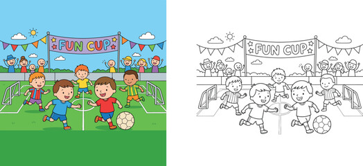 Children soccer match vector illustration and coloring page set, kids playing football game outdoor with spectators and fun cup banner, coloring book outline vector © MMONIR