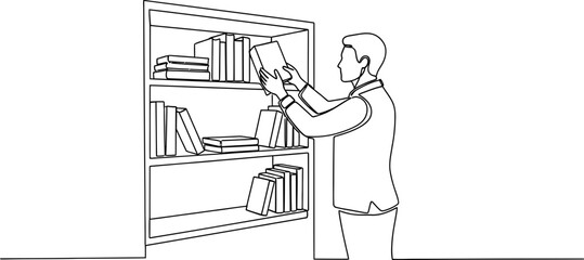 Man selecting book from bookshelf, line drawing illustration © bentet