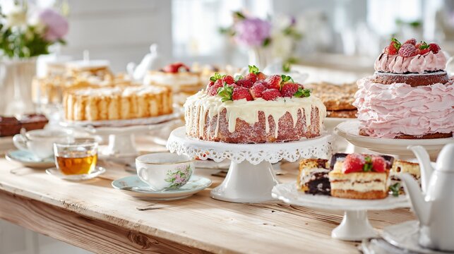 A bright dessert table scene featuring cakes and pastries served alongside tea and fruit on a light wooden table