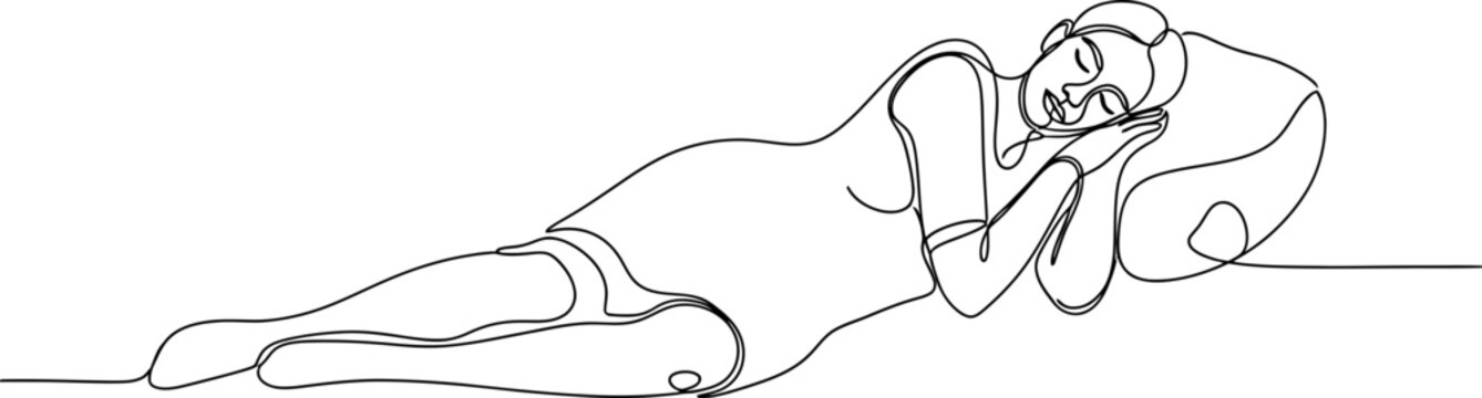 Continuous line drawing of a woman sleeping peacefully on a pillow, serene rest, comfort, white background