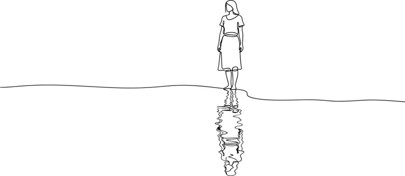Minimalist line art woman standing on water surface with reflection
