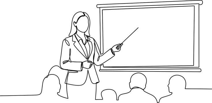Business woman presenting at whiteboard with pointer stick to audience, minimalist line art style