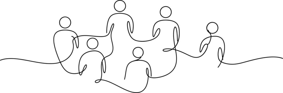 Continuous line drawing of diverse people connected in a circle, symbolizing unity and teamwork.