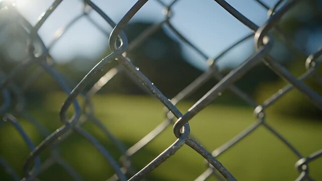 Close up of a chain link fence with a blurred background of green grass and trees.