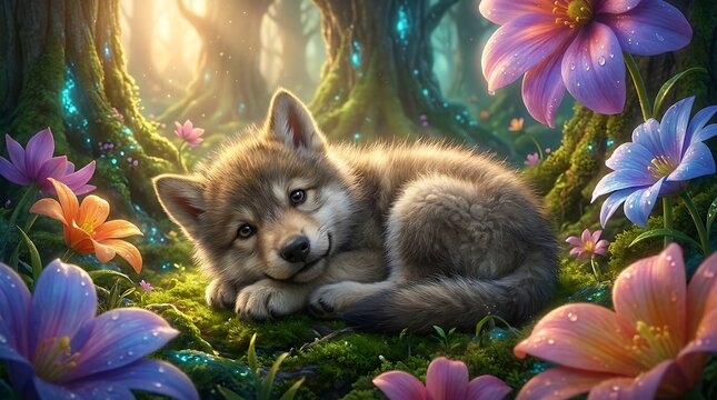 Cute wolf cub resting in a vibrant, magical forest filled with colorful flowers animal lying down