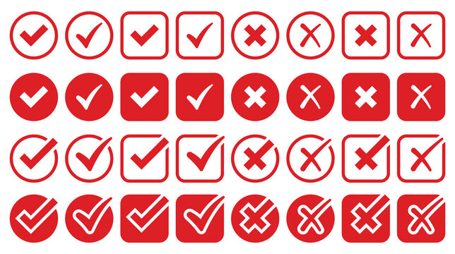 Check mark icon set. Check box icon with right and wrong buttons and yes or no checkmark icons in green tick box and red cross. vector illustration. Collection of checkmark icons in various design. 