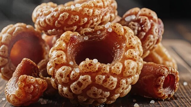 Closeup of Crispy Pork Rinds with Salt Sprinkled on Wooden Surface.