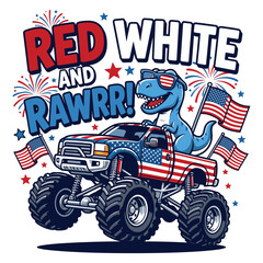 Red White and Rawr Patriotic Dinosaur Monster Truck Vector Illustration © TAPU SHAHA