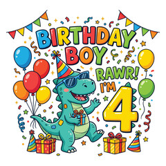 Birthday Boy Rawr I’m 4 Cute Dinosaur Party Vector Illustration © TAPU SHAHA
