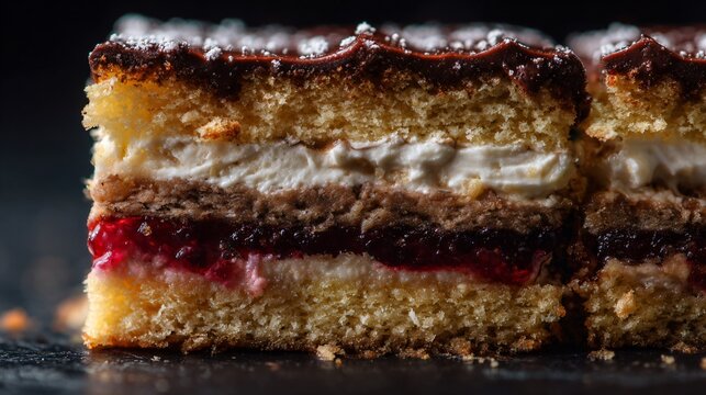 A macro close up of layered cake showing sponge, cream, and filling textures stacked with rich detail on a dark surface
