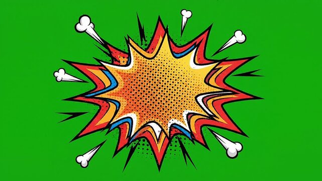 Animated comic book explosion burst with pop art elements on a green screen key background