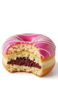 A perfectly round food item displays a clean, deliberate bite mark, highlighting the internal texture and layers of the snack, munch, curve, residual