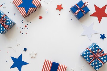 Obraz premium Patriotic fourth of july gifts and decorations flat lay