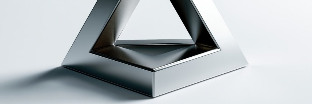 A penrose triangle is shown in chrome with reflections and shadows creating an optical illusion in a studio setting.