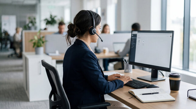Customer service representative working at office desk with headset