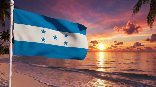 Honduran flag waving on beach at sunset
