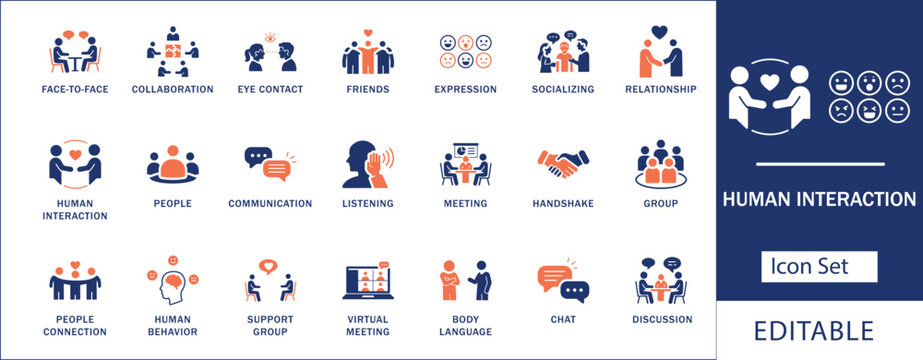 Human interaction and social behavior icon set featuring community collaboration, face to face meeting, emotional expression, and team relationship symbols.