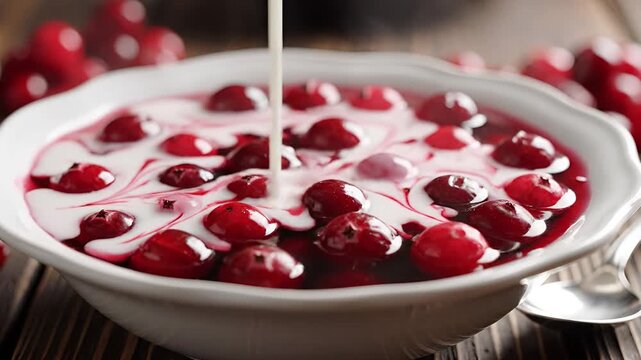 Delicious Cranberry Compote Being Drizzled with Cream.