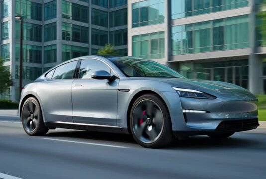 Sleek Futuristic EV Car on Downtown City Road
