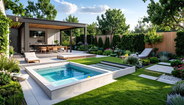 Moderner Garten mit stilvollem Kinderpool und Lounge-Bereich