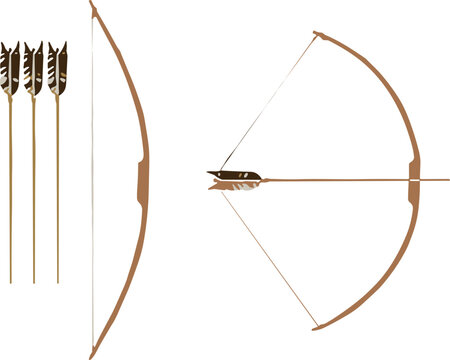 Wooden archery bow and arrow set with quiver vector illustration isolated on white background