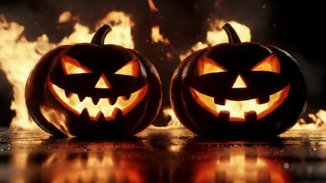 Extreme low-angle video of two jack-o'-lanterns, angry & joyful, ablaze in roaring flames, reflected on wet obsidian, dark smoke. Powerful Halloween theme atmosphere