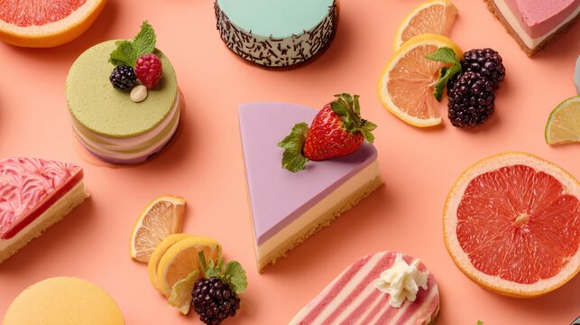 A vibrant editorial composition featuring colorful desserts arranged diagonally across a pastel coral background with modern styling