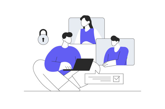 Digital Group Webinar and Professional Business Online Meeting. Specialist Analyzing Corporate Network Data with Colleague Avatars. Flat Cartoon Vector Illustration, icon Stylish abstract design 