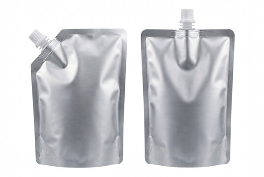 Two Metallic Silver Flexible Spout Pouches for Liquid Packaging Mockup