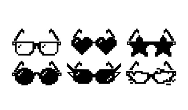 Retro 8-bit pixel sunglasses vector set with six black and white pixel art eyewear designs