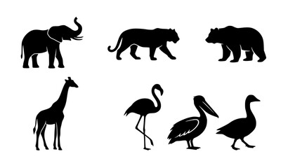 Minimal Wildlife Silhouette Icons Featuring Elephant Tiger Bear Giraffe and Birds Vector © MdRabbi