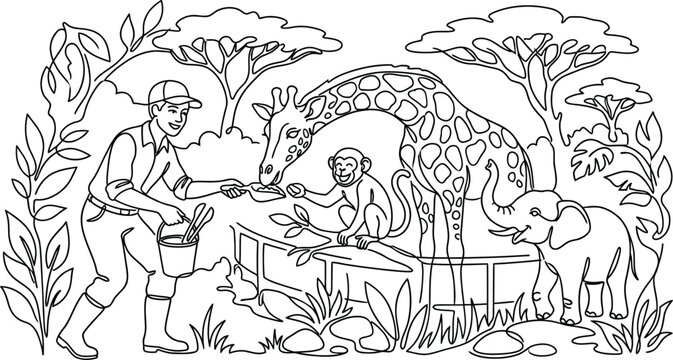Zoo Keeper Feeding Animals: Giraffe, Monkey, Elephant