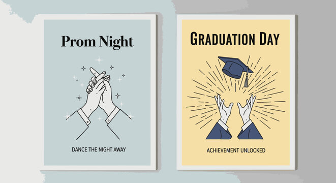 Minimalist event posters for graduation day and prom night