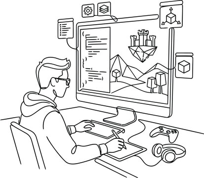 Game Developer Coding and Designing 3D Game Environment on Computer