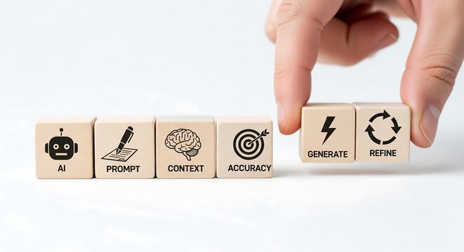 Hand arranging wooden blocks with icons representing AI, prompt, context, accuracy, generate, and refine, illustrating the process of AI content creation.