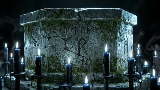 Ancient Stone Altar with Glowing Candles and Runes