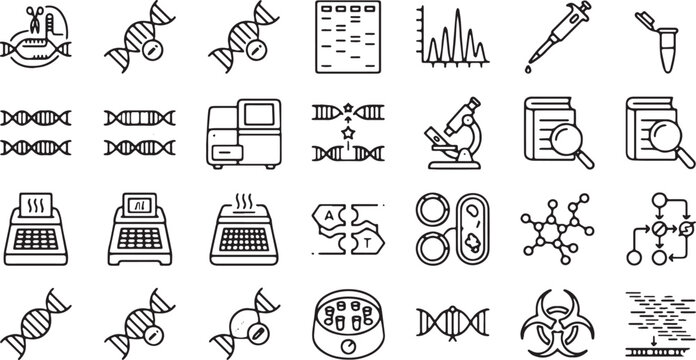 Bioinformatics and gene editing minimalist monoline vector icon set, CRISPR Cas9 DNA sequencing gel electrophoresis synthetic biology symbols on white background
