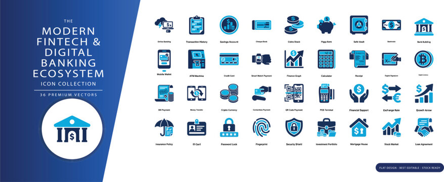 Modern Fintech and Digital Banking Ecosystem Vector Icon Collection, secure mobile payment systems, blockchain powered finance tools, AI driven investment services and encrypted banking platforms