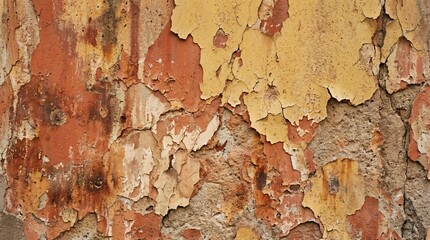Fototapeta premium Old weathered wall with peeling yellow and terracotta paint texture