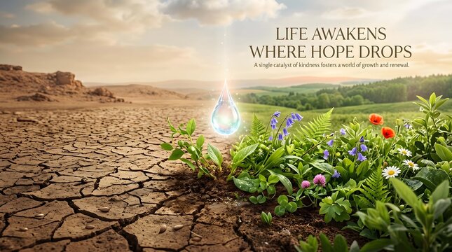 Hope, renewal, and nature, dry land with flowers and water drop, inspirational quote