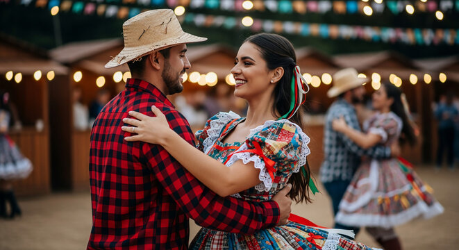 Joyful couple dancing at a traditional Brazilian Festa Junina celebration.