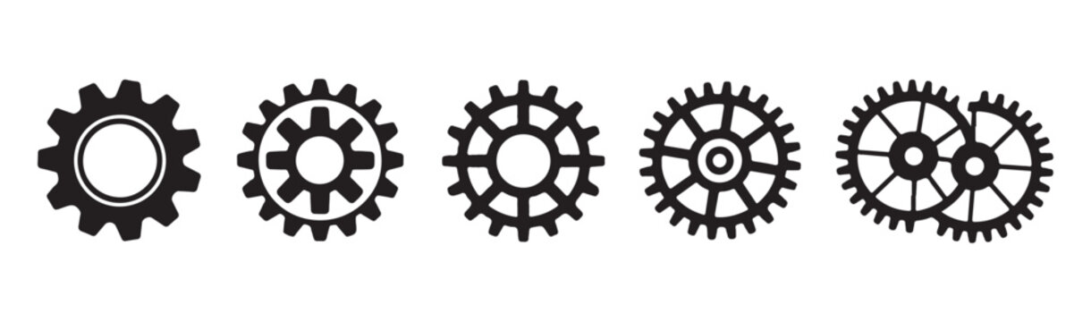 Five unique gear illustrations various styles showing mechanical parts and industrial engineering concepts.