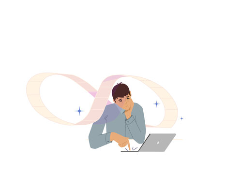 Person overwhelmed by information overload surrounded by endless AI generated prompts and multiple answer options. Flat vector illustration isolated on white background