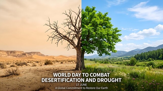 Environmental contrast, desertification vs lush landscape, World Day to Combat Desertification and Drought