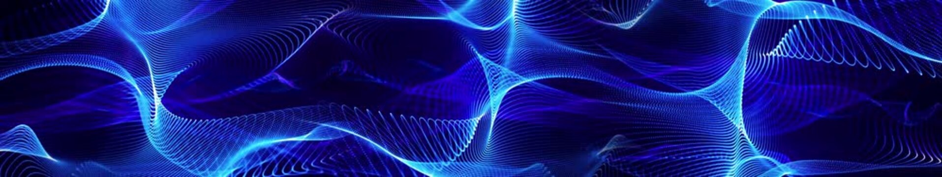 Elegant Glowing Blue Wave Particles Panorama &ndash; Futuristic Abstract 3D Digital Art Widescreen Loop Background