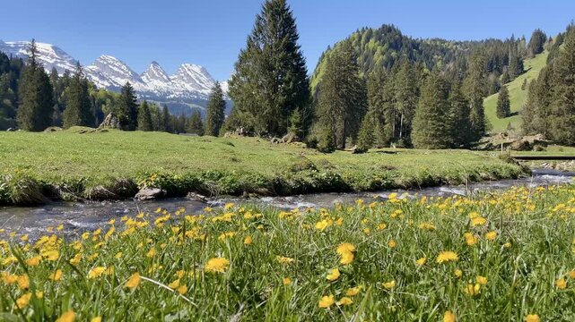 Panoramic view of the Churfirsten mountain range in the Swiss Alps, Toggenburg region, St. Gallen, Switzerland.